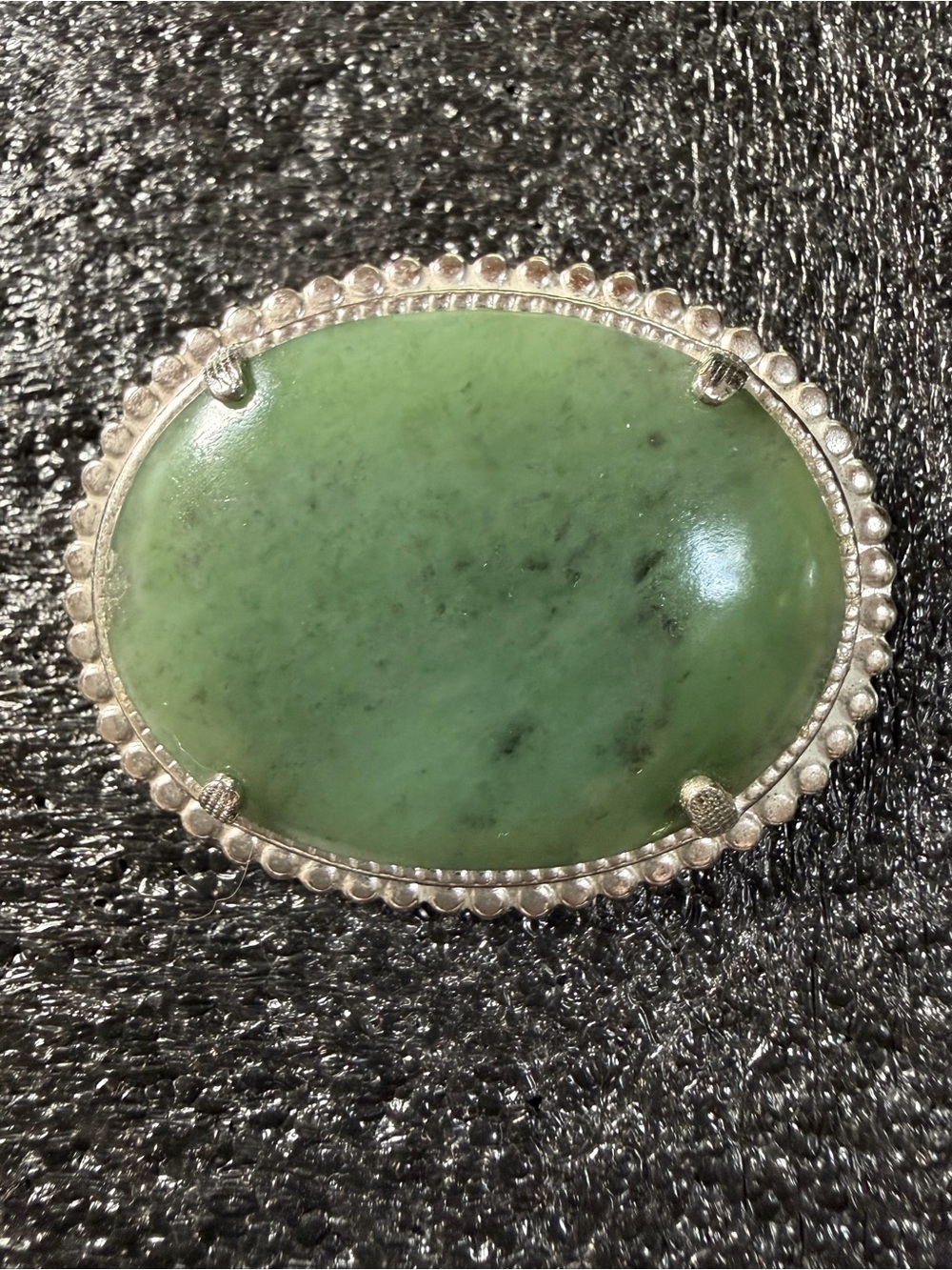 Jade-tone Oval Silver-Trim Brooch Pin